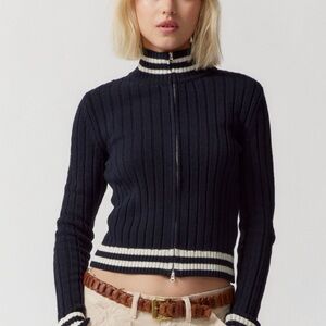 Urban Outfitters Navy and Cream Zip-Up Sweater